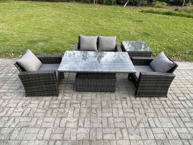 Fimous Outdoor Garden Dining Sets 4 Seater Rattan Patio Furniture Sofa Set with Rising Lifting Table Side Table Dark Grey Mixed