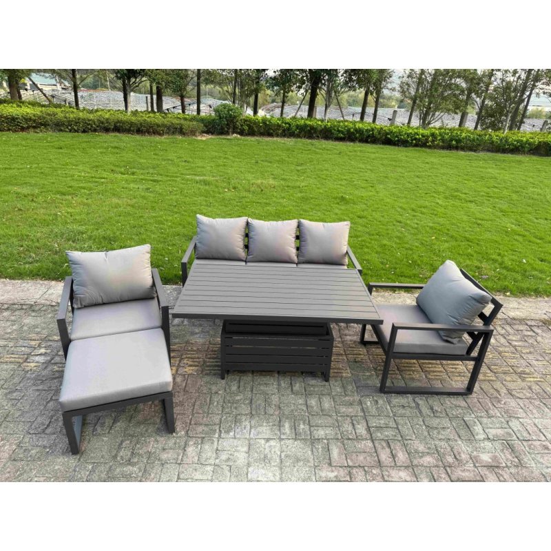 Fimous 6-Piece Aluminium Garden Furniture Sets 5 Seater Outdoor Sofa Set with Adjustable Rising Lifting Dining Table 2 Chairs 2 Side Tables