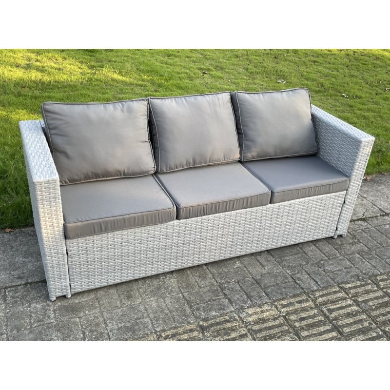 Fimous Outdoor Garden Dining Sets Rattan Furniture Gas Fire Pit Dining Table Gas Heater with 2 Side Tables 2 Big Footstools Light Grey