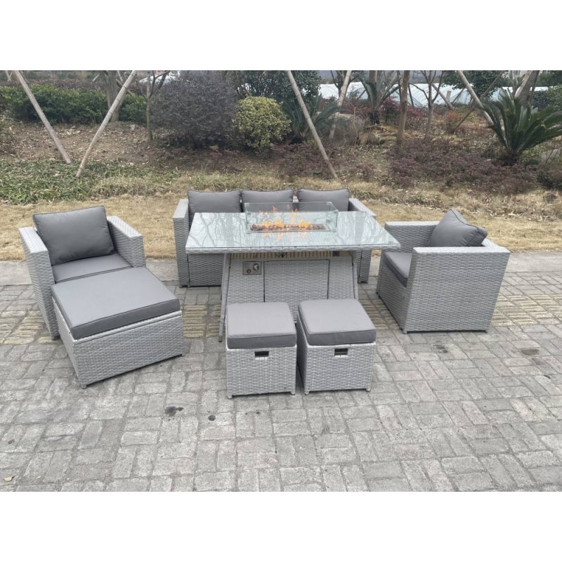 Fimous Light Grey Rattan Fire Pit Garden Furniture Set Gas Heater Burner Chairs With 3 PC Stools