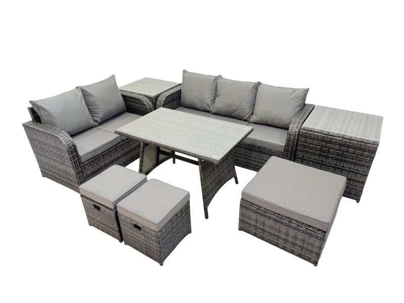 Fimous Garden Rattan Outdoor Furniture Set 8 Seater with Love Sofa 3 Seater Sofa 2 Side Table 3 Stool Dark Grey