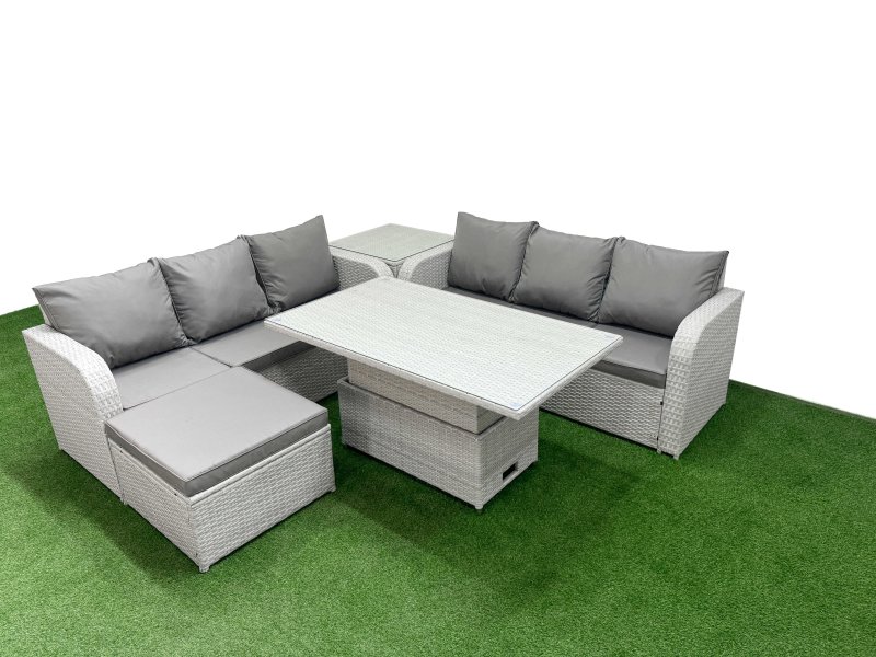 Fimous Outdoor Garden Furniture Sets 7 Seater Wicker Rattan Furniture Sofa Sets with Adjustable Lifting Dining or Coffee Table high Back Lounge Sofa Big Footstool Side Table Light Grey