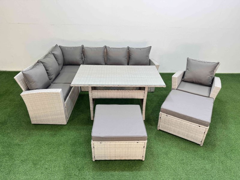 Fimous 9 Seater Rattan Garden Furniture Set Outdoor Patio Dining Corner Sofa Sets with Dining Table Chair 2 Big Footstools Light Grey Mixed