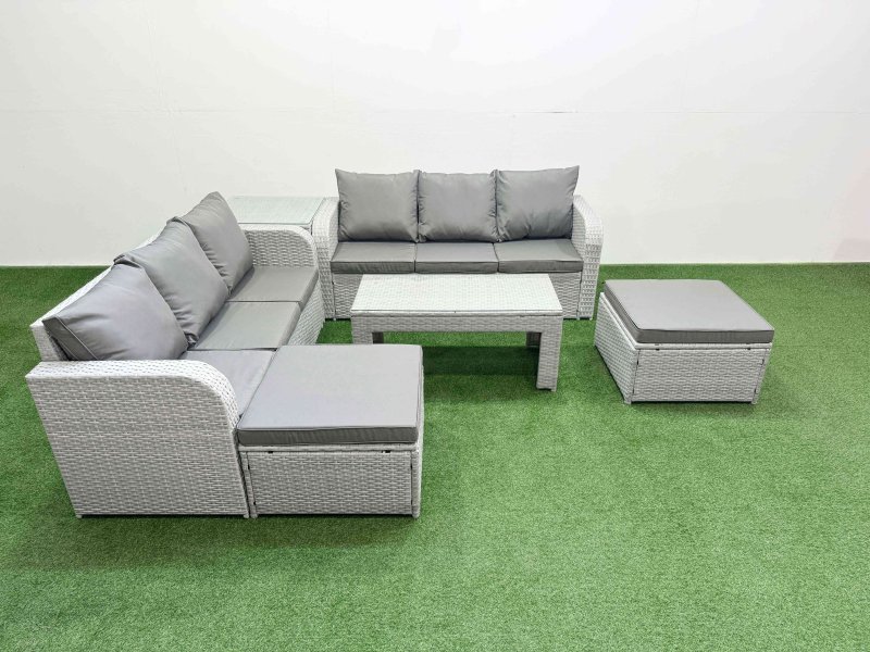 Fimous Outdoor Garden Furniture Sets 8 Seater Wicker Rattan Furniture Sofa Sets with Oblong Coffee Table high Back Lounge Sofa 2 Big Footstool Side Table Light Grey