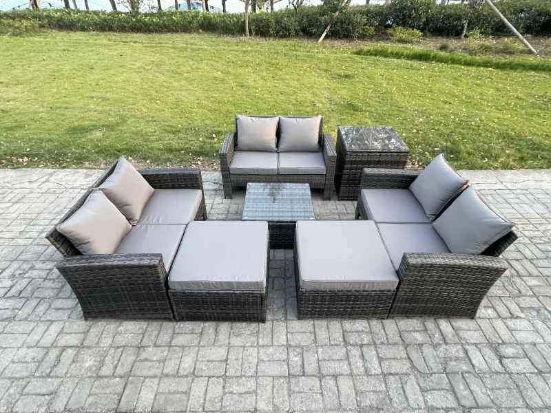 Fimous Outdoor Lounge Sofa Set Wicker PE Rattan Garden Furniture Set with Square Coffee Table Double Seat Sofa 2 Big Footstool Side Table Dark Grey Mixed
