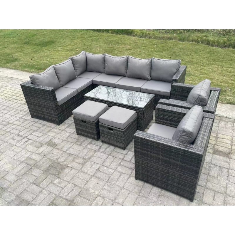 Fimous 10 Seater Rattan Corner Sofa Lounge Sofa Set With Rectangular Coffee Table 2 Stool Dark Grey Mixed Left Hand