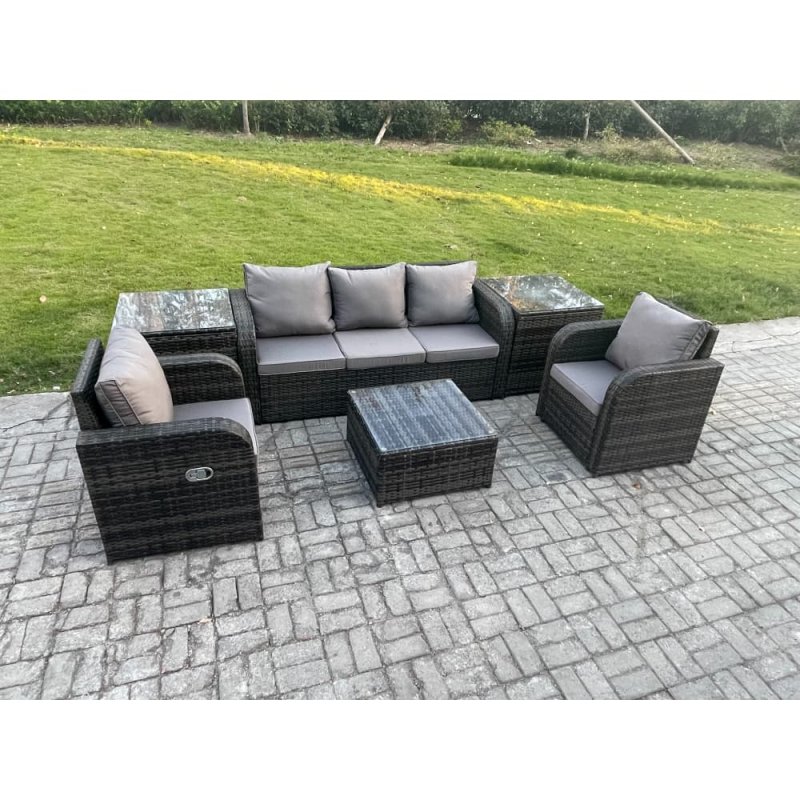 Fimous Garden Furniture Sets 5 Seater Wicker Rattan Furniture Patio Sofa Sets with Reclining Chair 3 Seater Sofa 2 Side Tables Dark Grey Mixed