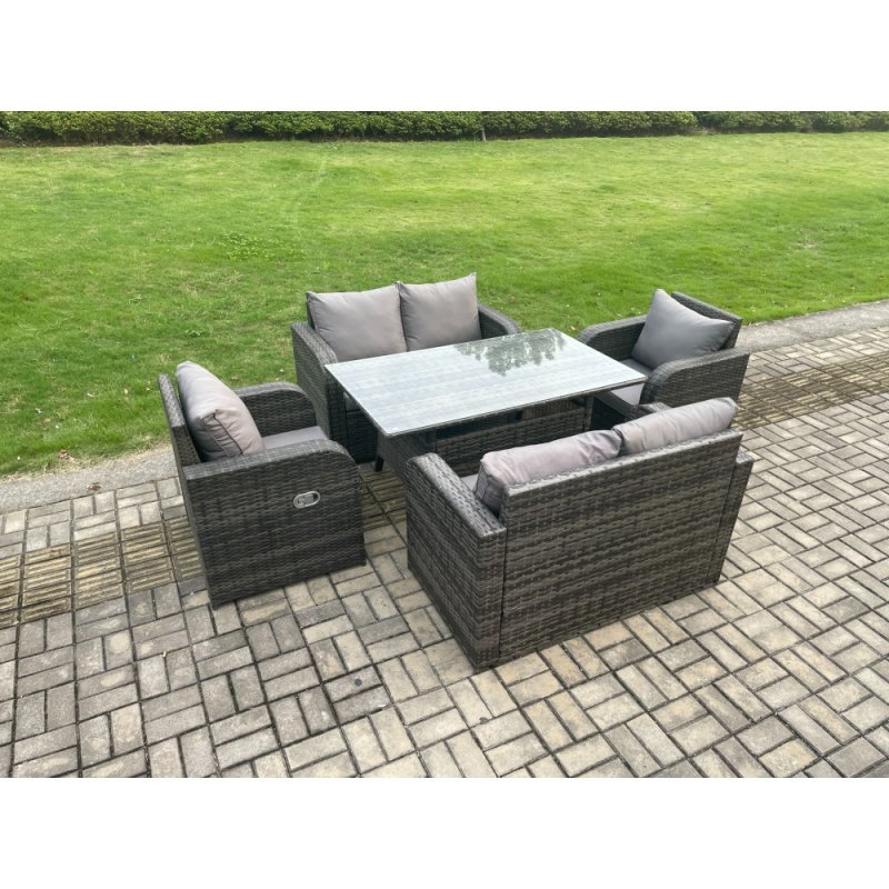 Fimous 6 Seater Lounge Rattan Sofa Set Outdoor Garden Furniture Oblong Rectangular Dining Table With Chairs Love Sofa Dark Grey Mixed