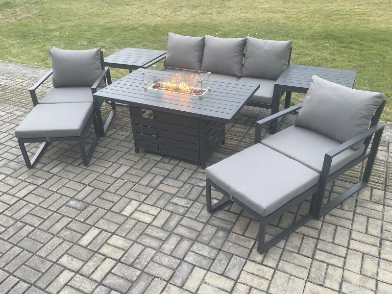 Fimous Aluminium Patio Outdoor Garden Furniture Lounge Sofa Set Gas Fire Pit Dining Table with 2 Side Tables 2 Big Footstools Dark Grey
