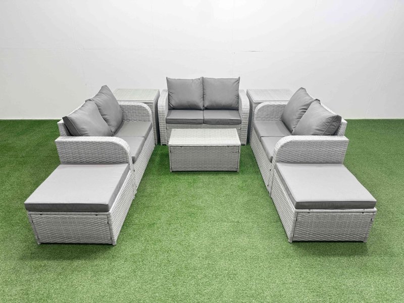 Fimous 8 Seater PE Wicker Rattan Furniture Sofa Sets with Rectangular Coffee Table 2 Seater Love Sofa 2 Big Footstool 2 Side Table Light Grey