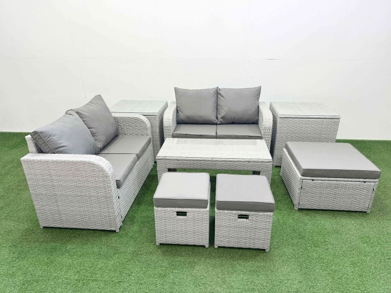 Fimous 7 Seater Outdoor Love Sofa Set Rattan Garden Furniture Set with Oblong Coffee Table 3 Footstool 2 Side Tables Light Grey