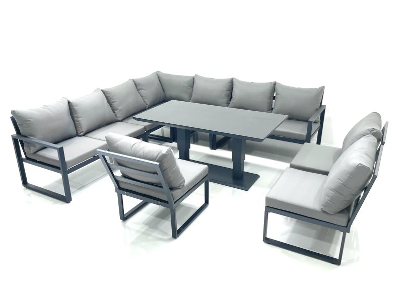 Fimous 10 Seater Outdoor Aluminum Garden Furniture Set Corner Sofa Rising Lifting Dining Table Sets Dark Grey