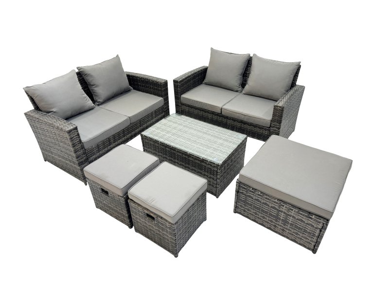 Fimous PE Rattan Garden Furniture Set Lounge Double Seat Sofa Coffee Table Set with 3 Stools Dark Grey MixedMixed
