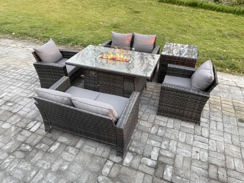 Fimous Wicker PE Rattan Garden Furniture Sets 6 Seater Patio Outdoor Gas Firepit Dining Table Heater Set with Double Seat Sofa Side Table Dark Grey Mixed