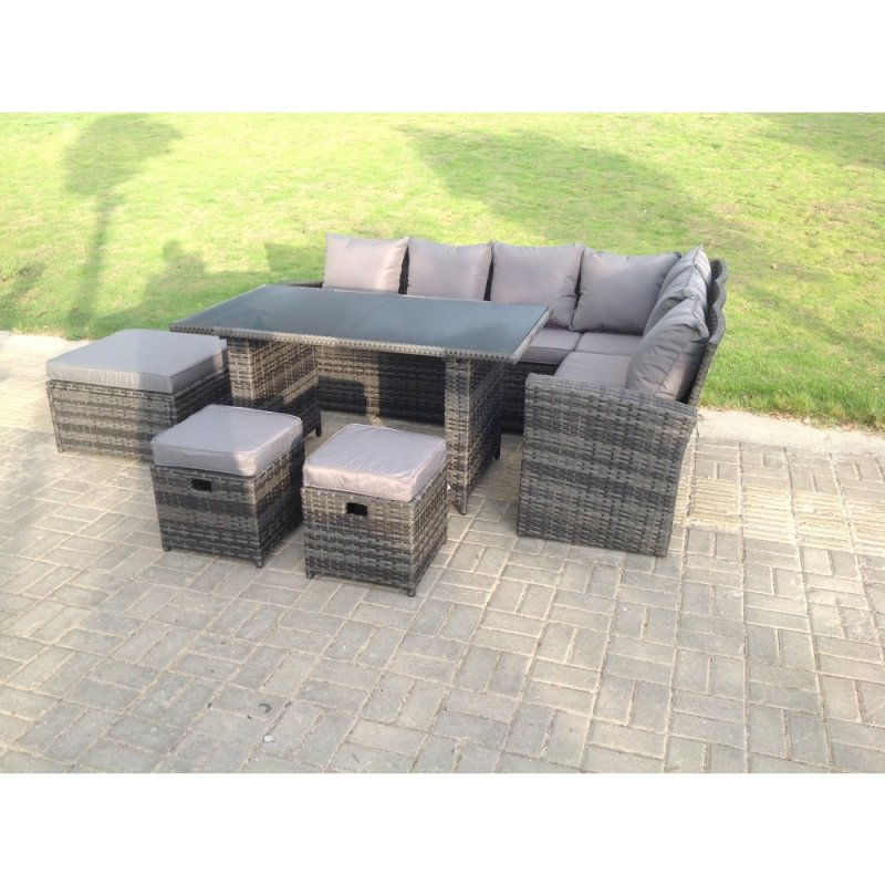 Fimous 9 Seater High Back Rattan Garden Furniture Set Corner Sofa With Black Tempered Glass Dining Table 3 Stool