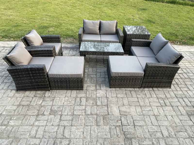 Fimous 8 Seater Outdoor Rattan Patio Furniture Set Garden Lounge Sofa Set with Armchairs Side Table 2 Big Footstool Coffee Table Dark Grey Mixed