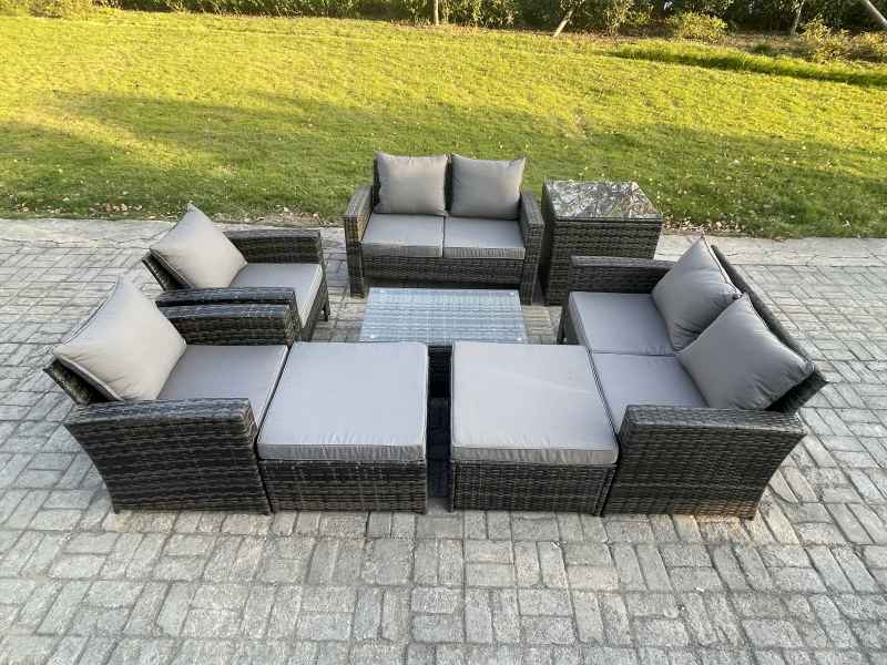 Fimous Garden Furniture Sets 8 Pieces Outdoor Rattan Furniture Manual Wicker Patio Sofa Chair Set with Coffee Table 2 Big Footstool Side Table Dark Grey Mixed