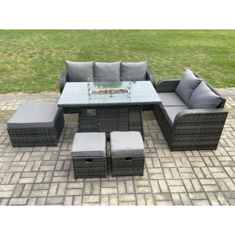 Fimous Garden Patio Furniture Wicker Rattan Gas Fire Pit Table and Sofa Chair set with 3 Footstools Dark Grey Mixed