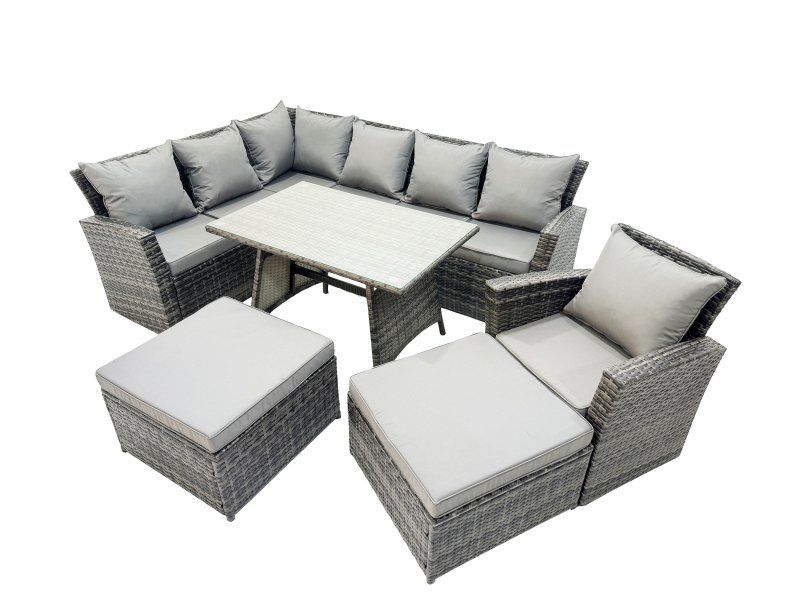 Fimous 9 Seat Rattan High Back Corner Sofa Set Patio Dining Table Set with Big Stool Dark Grey Mixed