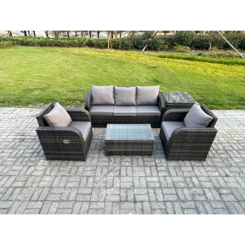 Fimous Outdoor Rattan Garden Furniture Set Patio Lounge Sofa Set with Reclining Chair Rectangular Coffee Table Side Table Dark Grey Mixed