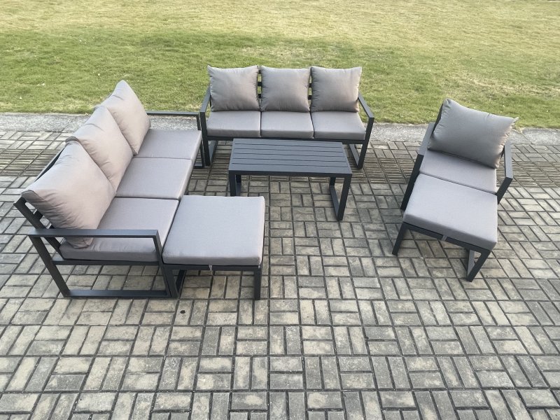 Fimous Aluminium 6 Pieces Garden Furniture Set with Cushions 9 Seater Outdoor Patio Lounge Sofa Set with Armchair 2 Big Footstools Dark Grey