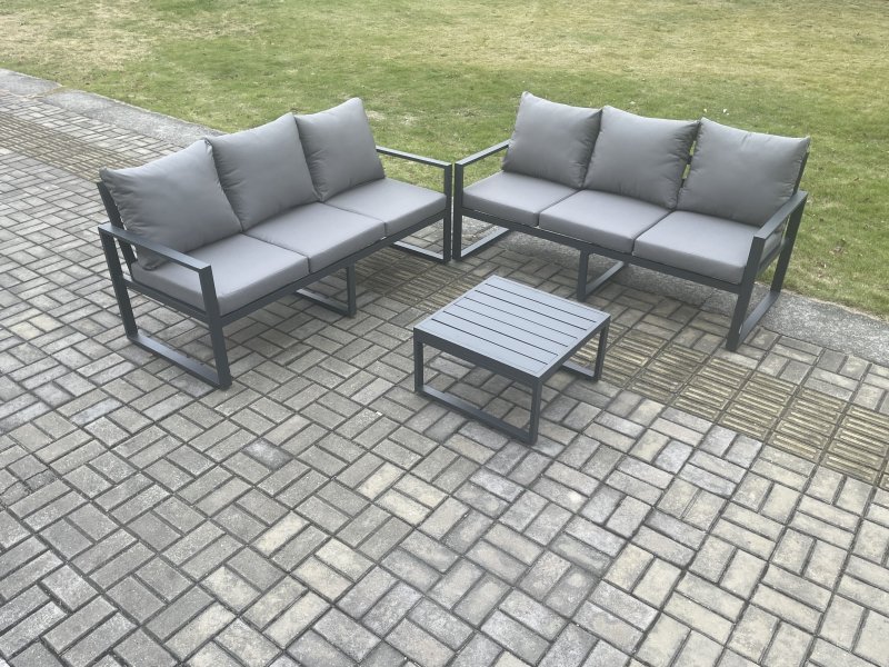Fimous Aluminium 3 Pieces Garden Furniture Sofa Set with Cushions 6 Seater Outdoor Patio Set with Square Coffee Table Dark Grey