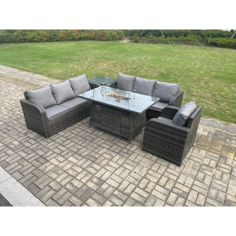 Fimous Rattan Outdoor Furniture Gas Fire Pit Rectangle Dining Table Gas Heater Reclining Chair 3 Seater Sofa Sets with Side Table 7 Seater