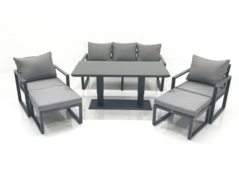 Fimous Outdoor Aluminium Garden Furniture Set with Adjustable Rising Lifting Dining Table 3 Seater Sofa 2 Chair 2 Big Footstools Dark Grey