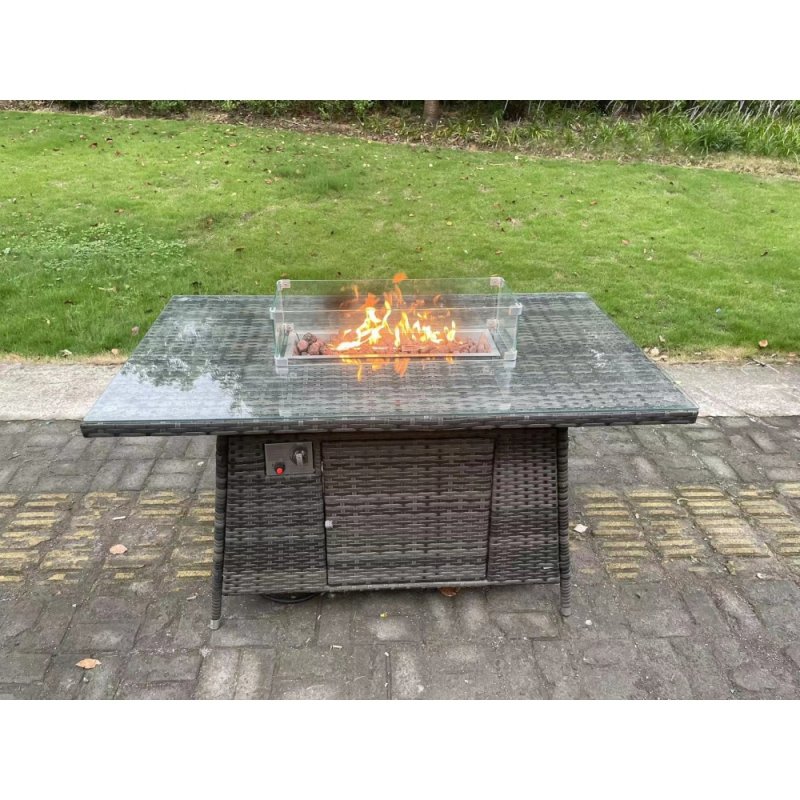 Fimous 6 Seater Outdoor PE Rattan Garden Furniture Set Gas Fire Pit Dining Table Gas Heater Burner With 2 Armchairs 2 Side Tables Big Footstool Dark Grey Mixed