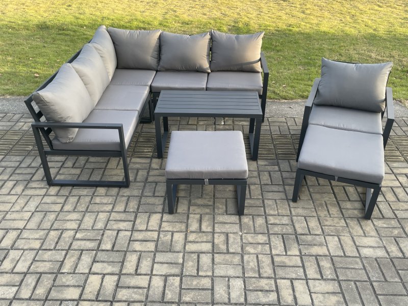Fimous Aluminium Outdoor Garden Furniture Set Lounge Sofa Oblong Coffee Table Sets with Chair 2 Big Footstools Indoor Conservatory Set Dark Grey