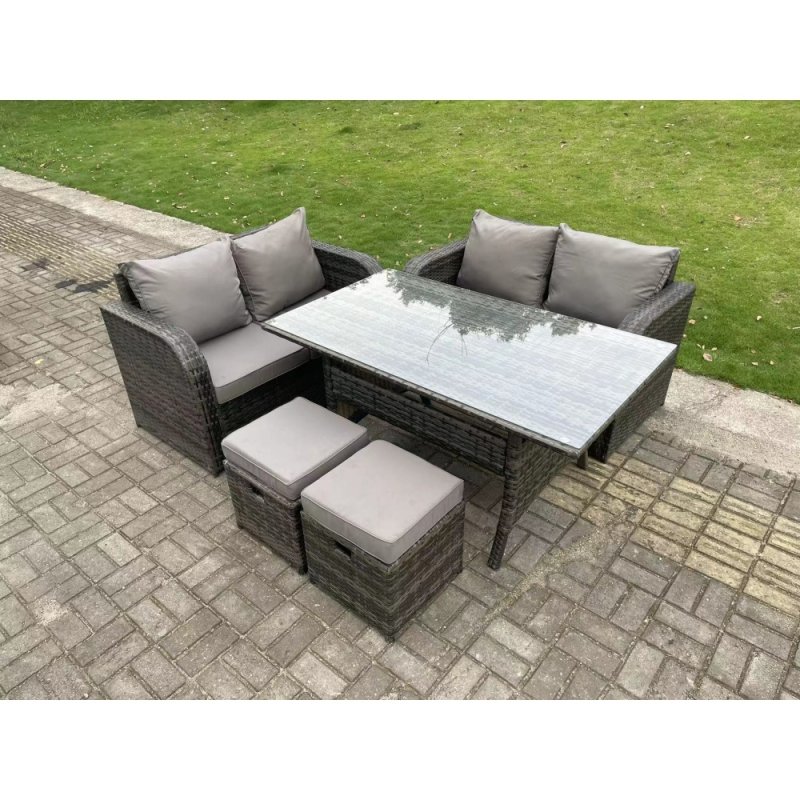 Fimous 6 Seater Dark Grey Mixed PE Wicker Rattan Garden Furniture Set Love Sofa 2 Seater Sofa Set Outdoor Rectangular Dining Table With 2 Stools