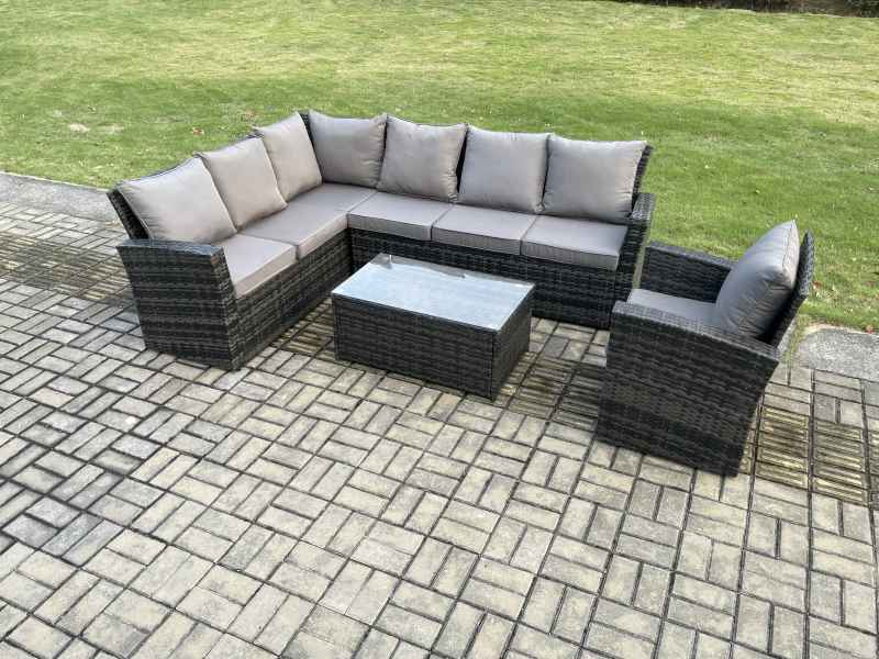 Fimous 7 Seater Rattan Garden Furniture Corner Sofa Set Outdoor Patio Sofa Chair Table Set with Rectangular Coffee Table Dark Grey Mixed