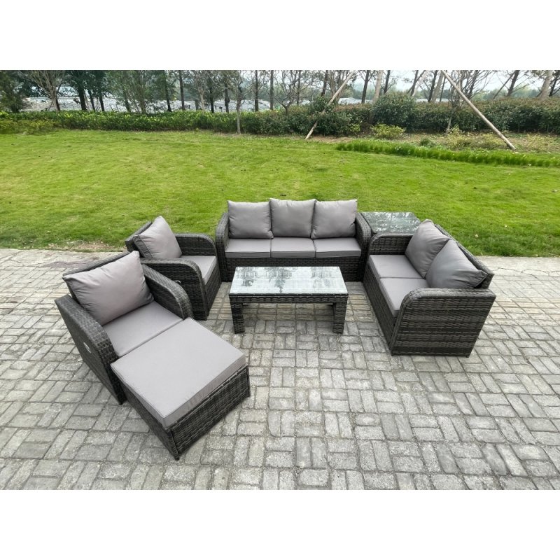 Fimous 8 Seater Outdoor Rattan Garden Furniture Set Patio Lounge Sofa Set with Rectangular Coffee Table Big Footstool Side Table Dark Grey Mixed