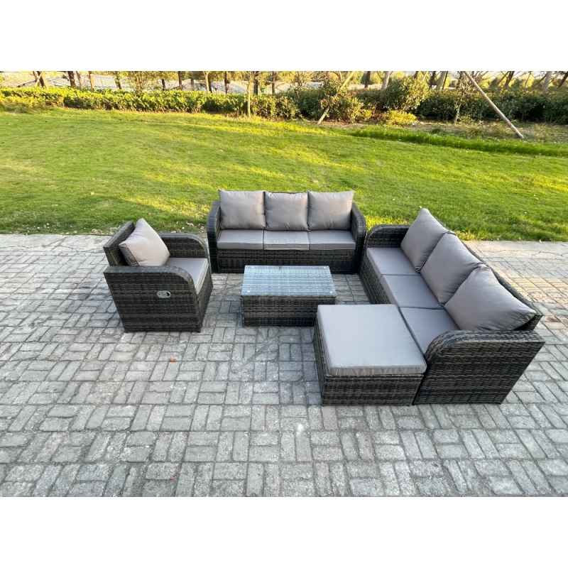 Fimous 8 Seater Rattan Outdoor Garden Furniture Sofa Set Patio Table & Chairs Set with 3 Seater Sofa Reclining Chair 3 Seater Sofa Big Footstool Dark Grey Mixed