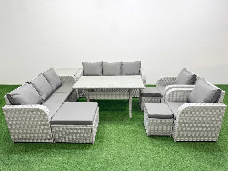 Fimous PE Rattan High Back Lounge Sofa Set Patio Rectangular Dining Table & Chairs Set with 3 Seater Sofa Reclining Chair 3 Stools Side Table Light Grey