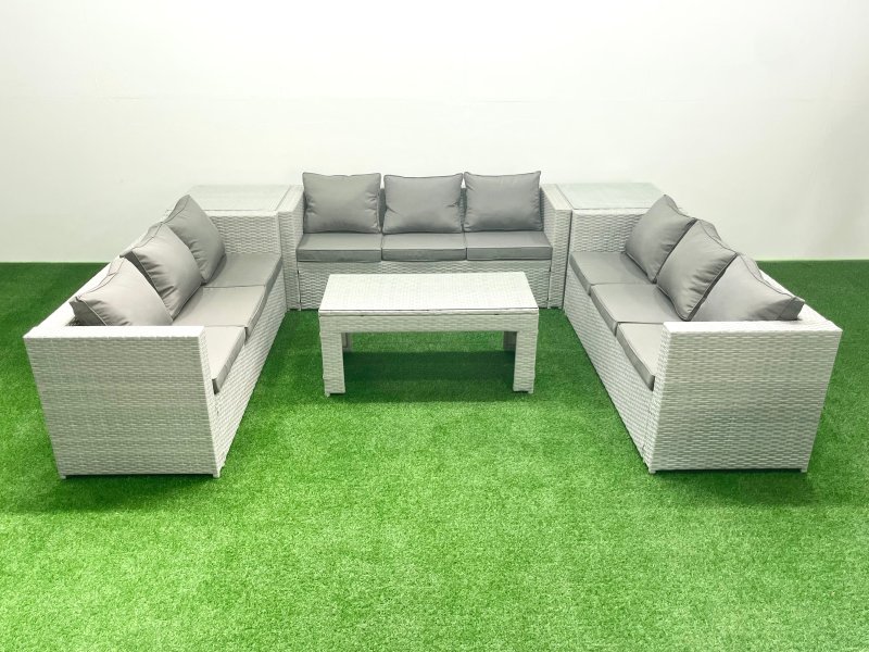Fimous Rattan Garden Outdoor Furniture Set 9 Seater Garden Sofa Oblong Coffee Table Set with 2 Side Tables Light Grey Mixed