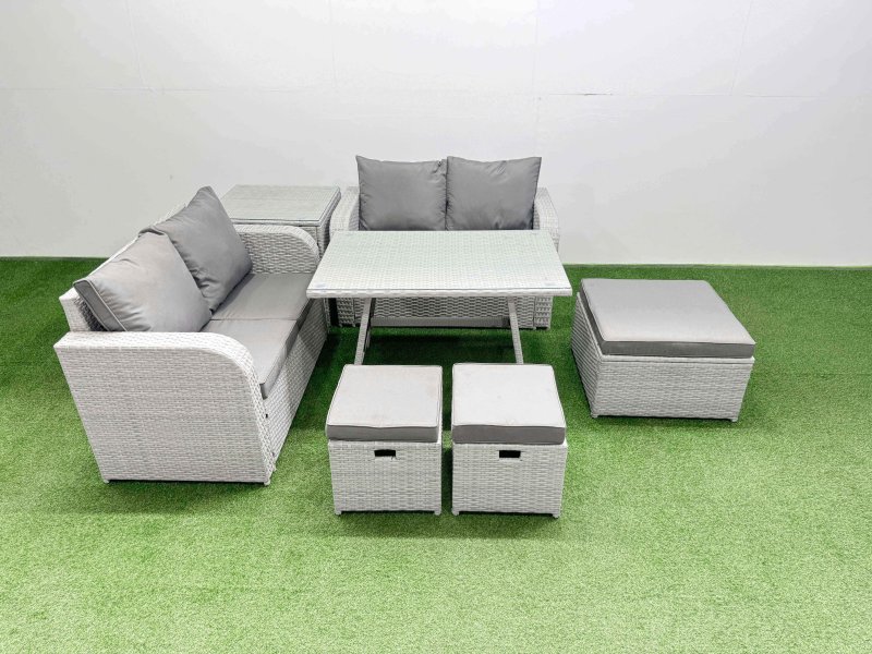 Fimous 7 Seater Outdoor Love Sofa Set Rattan Garden Furniture Set with Rectangular Dining Table Side Table 3 Footstools Light Grey