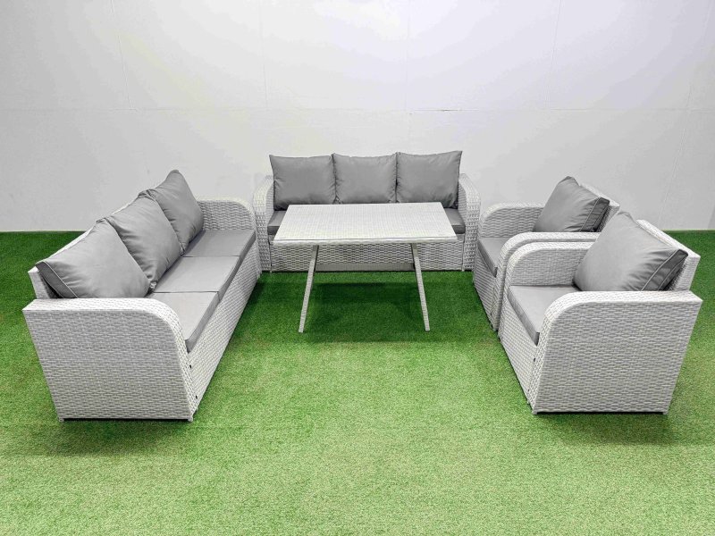 Fimous Rattan High Back Lounge Sofa Set Patio Dining Table & Chairs Set with 3 Seater Sofa 2 Reclining Chairs Light Grey