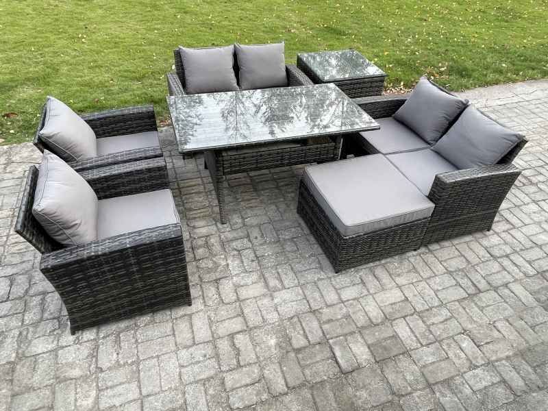 Fimous Rattan Garden Furniture Set 7 Seater Patio Outdoor Lounge Sofa Set with Oblong Dining Table Double Seat Sofa Side Table Big Footstool Dark Grey Mixed