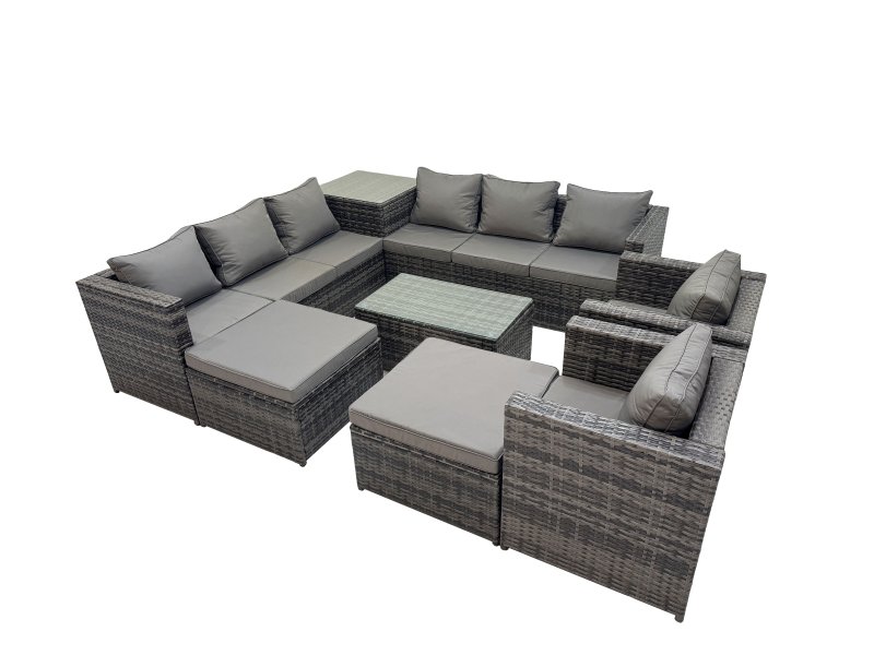 Fimous 10 Seater Garden Outdoor Rattan Furniture Set Patio Corner Sofa Rectangular Coffee Table with 2 Big Stools Side Table Dark Grey