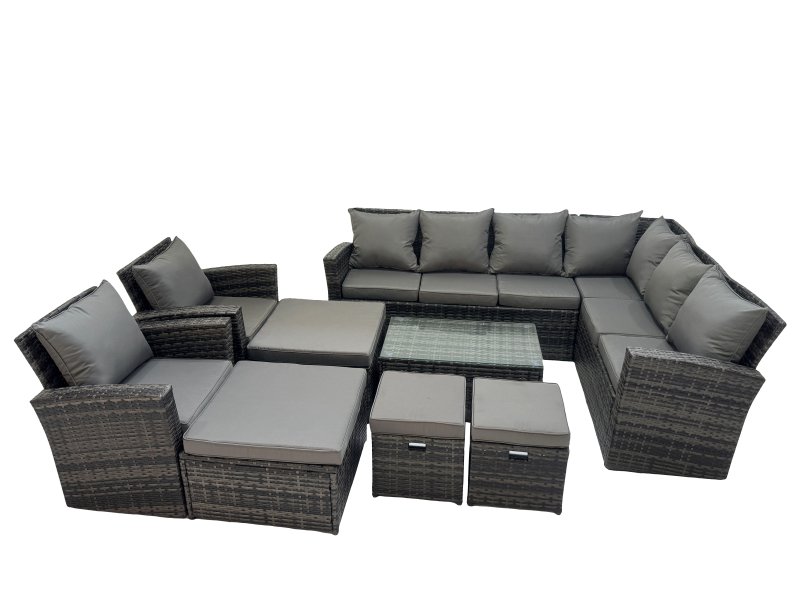 Fimous Rattan Garden Outdoor Furniture Set 12 Seater Garden Sofa Coffee Table Set with Chair 4 Footstools Dark Grey Mixed