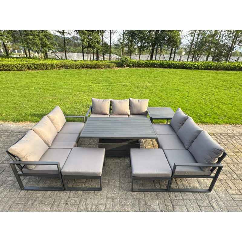 Fimous Aluminum Outdoor Patio Furniture Set Modern Patio Conversation Sets with Adjustable Rising Lifting Dining Table Big Footstool Dark Grey