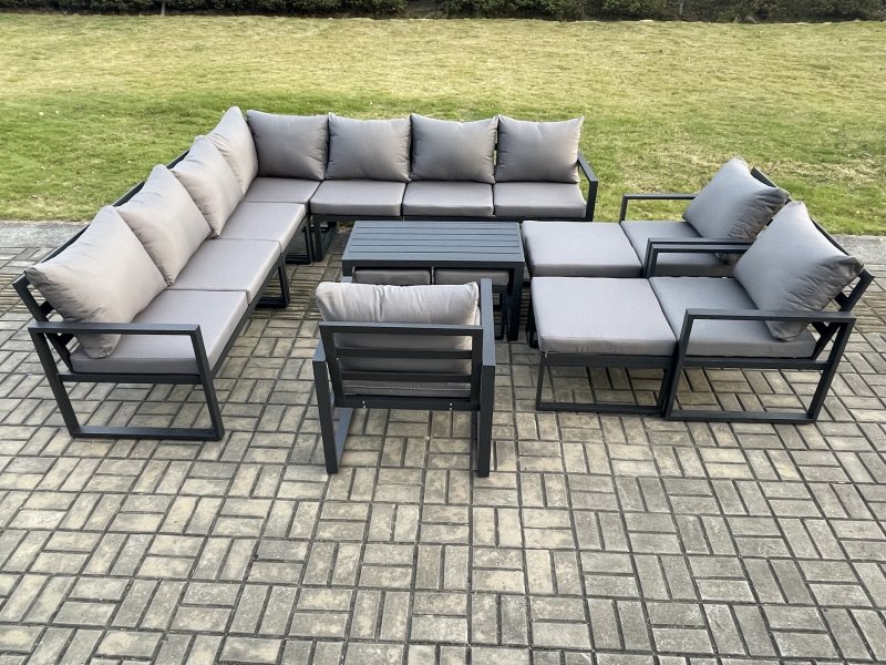 Fimous 14 Seater Aluminium Outdoor Garden Furniture Set Patio Lounge Sofa with Oblong Coffee Table 3 Pcs Chair 2 Small Footstools 2 Big Footstools Dark Grey