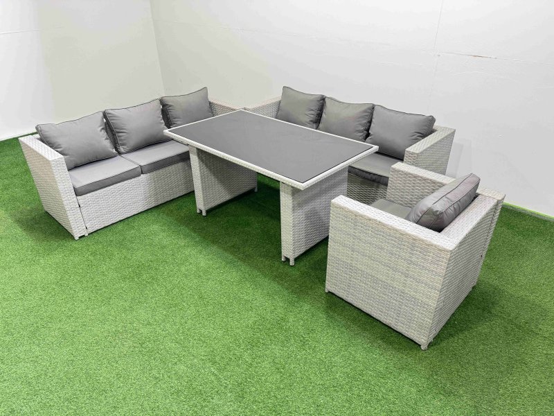 Fimous Patio Garden Furniture Sets with Black Glass Top Dining Table 3 Seater Sofa Armchair Light Grey
