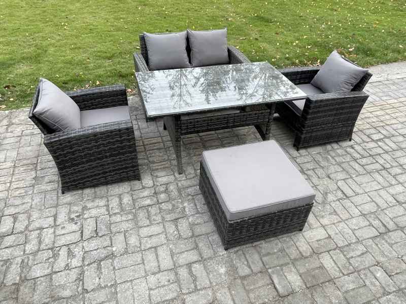 Fimous PE Wicker Outdoor Garden Furniture Set Patio Furniture Rattan Rectangular Dining Table Lounge Sofa with Big Footstool