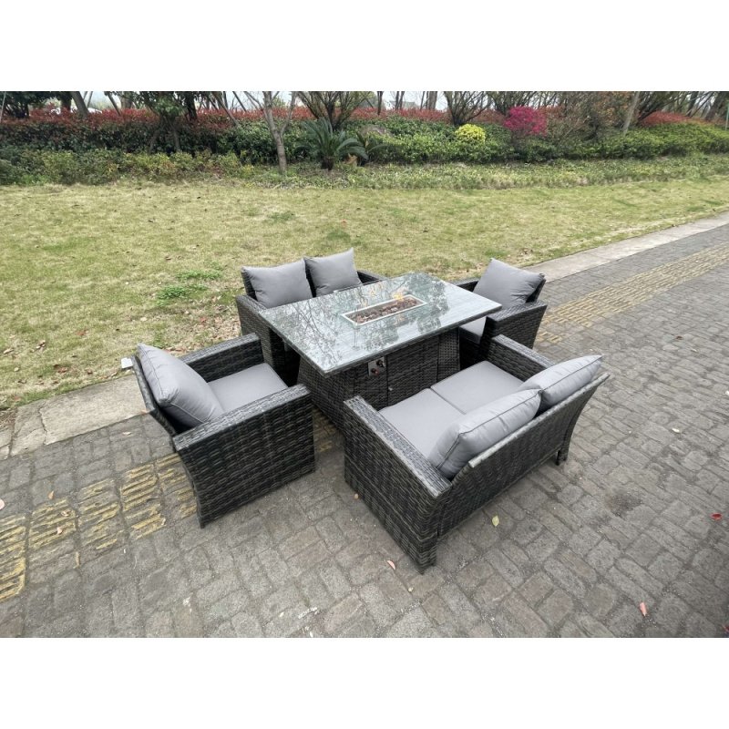 Fimous Rattan Outdoor Furniture Gas Fire Pit Rectangle Dining Table Gas Heater Chairs Two Seater Love Sofa Sets 6 Seater