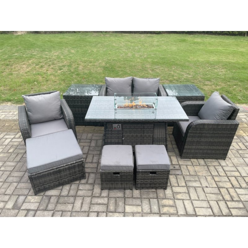 Fimous Rattan Garden Furniture Set Outdoor Patio Gas Fire Pit Dining Table and Chairs with Love seat Sofa 3 Footstools 2 Side Tables