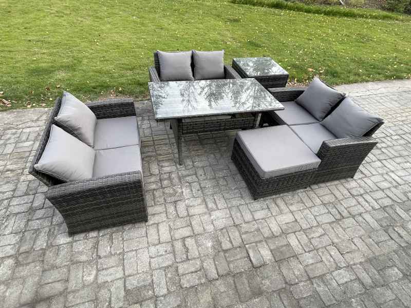 Fimous 7 Seater Rattan Wicker Garden Furniture Patio Conservatory Sofa Set Indoor Outdoor with Dining Table Double Seat Sofa Big Footstool Side Table