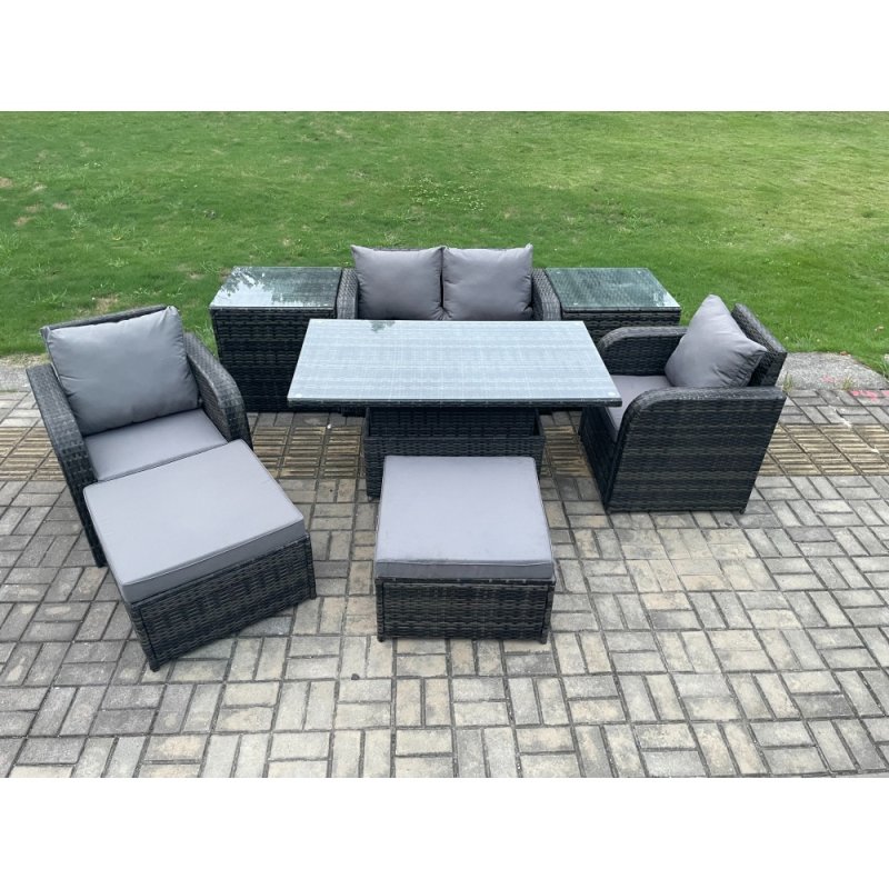 Fimous Rattan Furniture Outdoor Garden Dining Sets Patio Height Adjustable Rising lifting Table Love Sofa Chair Set With 2 Side Tables Stools