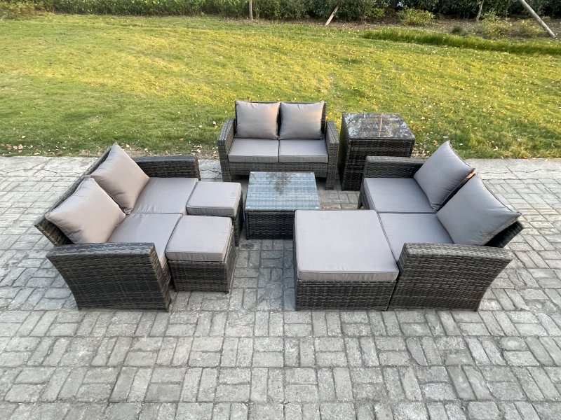 Fimous Outdoor Lounge Sofa Set Wicker PE Rattan Garden Furniture Set with Square Coffee Table Double Seat Sofa 3 Footstools Side Table Dark Grey Mixed